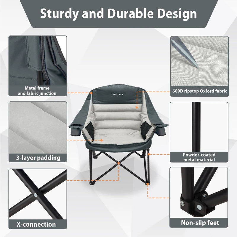 Youtanic Oversized Camping Chair, Portable Folding Camping Chairs with Side Pocket, Cup Holder and Carry Bag, Heavy Duty Outdoor Camping Chairs for Adults, Fishing, Sports, Trip, up to 400lbs, Style 8