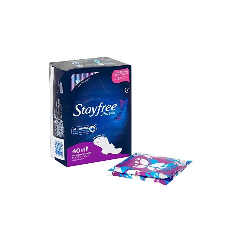 Stayfree Ultra Thin Overnight Pads with Wings, For Women, Reliable Protection and Absorbency of Feminine Moisture, Leaks and Periods, 40 Count