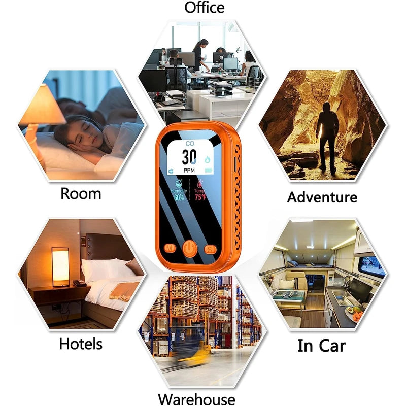 CEKKIENA [3-in-1] Carbon Monoxide Detector Portable Mini Air Quality Monitor with Lanyard & Kickstand Smoke Alarm CO Meter Temperature Humidity Sensor Built-in 1000mAh Battery Indoor/Outdoor (Orange)