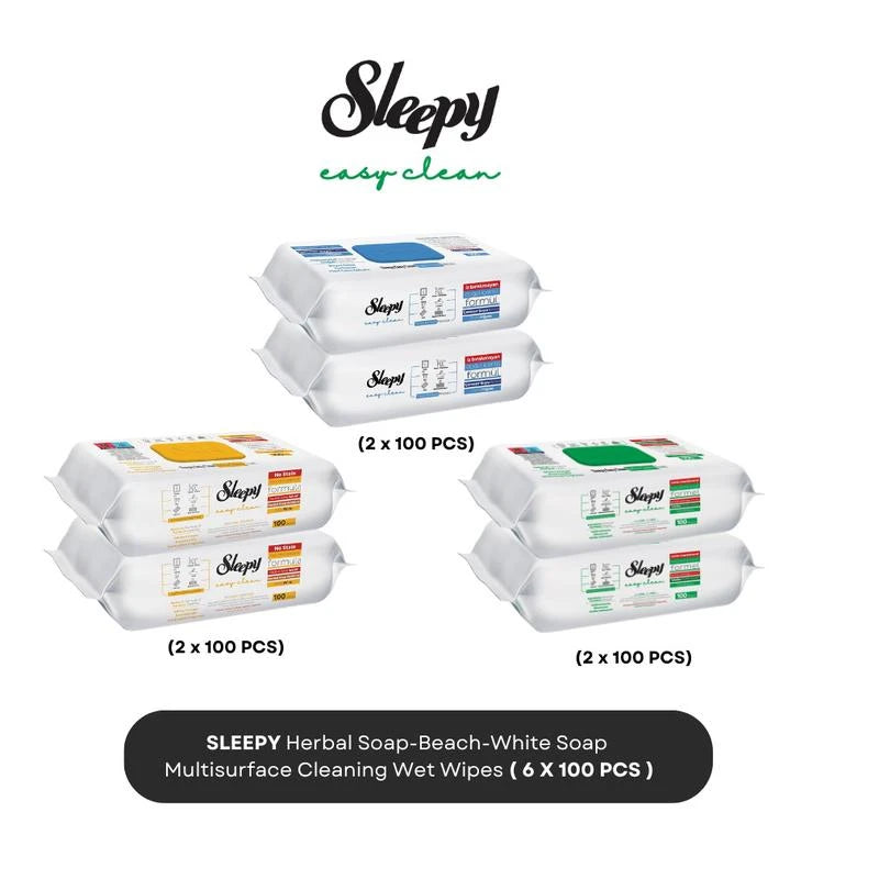 Sleepy Easy Clean Multi Surface Cleaning Wipes - 2x White Soap, 2x Bleach, 2x Herbal Soap - 6 x 100pcs - Disposable - Pack