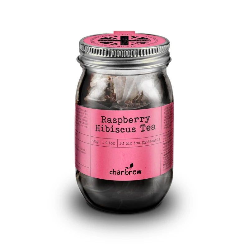 Charbrew Raspberry Hibiscus Tea Teabags - 100% Compostable Tea Bags in Reusable Glass Mason Jar 40g/1.41oz - 16 Premium Fine Mesh Teabag Infusers Premium Tea from Sri Lanka