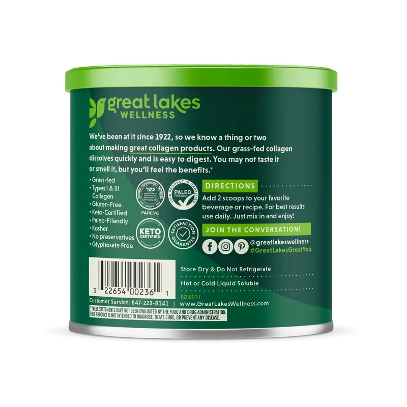 Great Lakes Wellness Collagen Peptides Powder for Skin, Hair, Nails, Joints & Digestion - Unflavored - Quick Dissolve Hydrolyzed, Non-GMO, Keto, Kosher - 7 oz