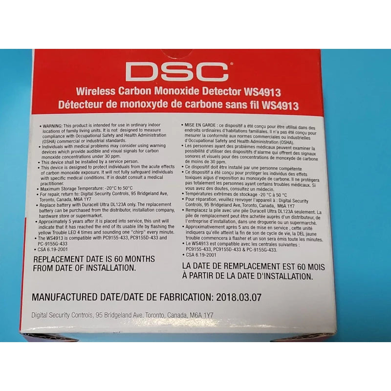 DSC Brand New DSC WS4913 Wireless Carbon Monoxide Detector- READ DESCRIPTION DETAIL