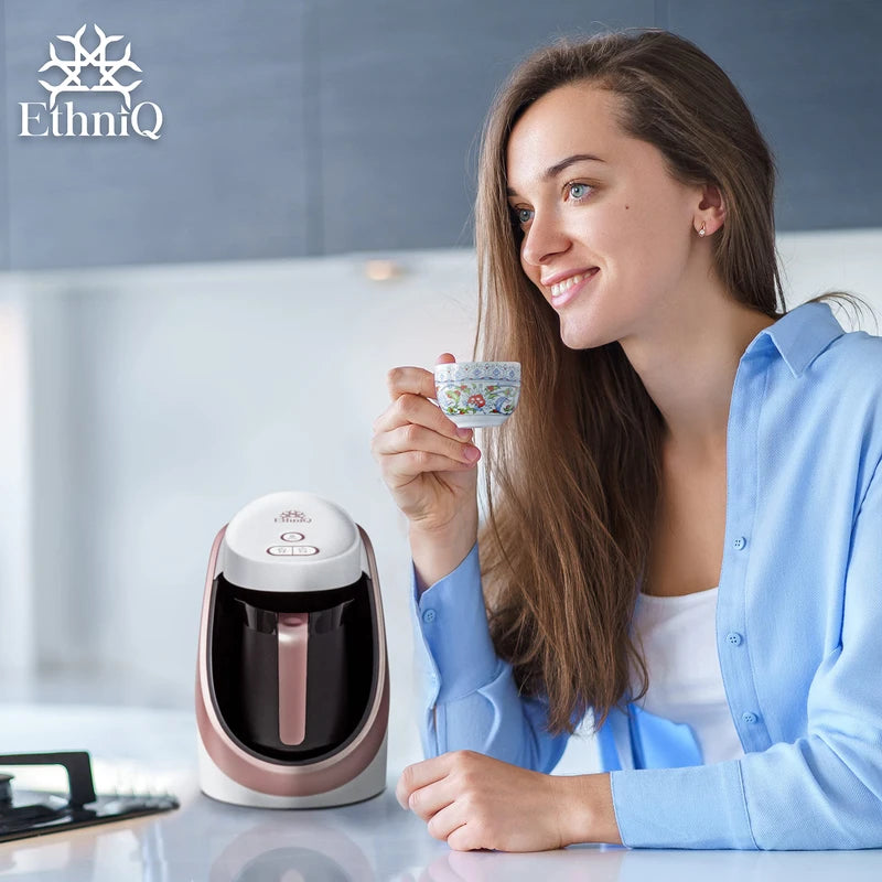 ETHNIQ Turkish Coffee Maker - 100% BPA Free, 120V, 1 to 4 Cup Brewing Capacity with Cook Sense Technology for Delicious Cup of Turkish & Greek Coffee, Turkish Coffee Pot (White/Rose)