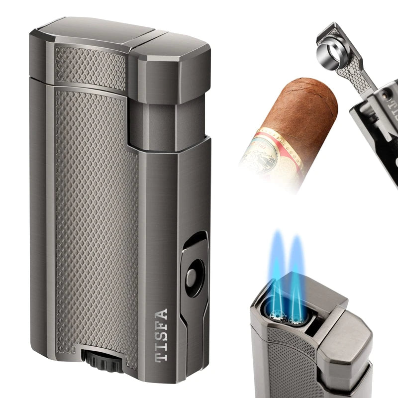 TISFA Cigar Lighter Double Jet Flame Butane Torch Lighter, Built-in Cigar Punch, Cigar Holder, Adjustable Windproof Butane Lighter, Refillable Pocket Cool Lighters for Smoking (Gray)