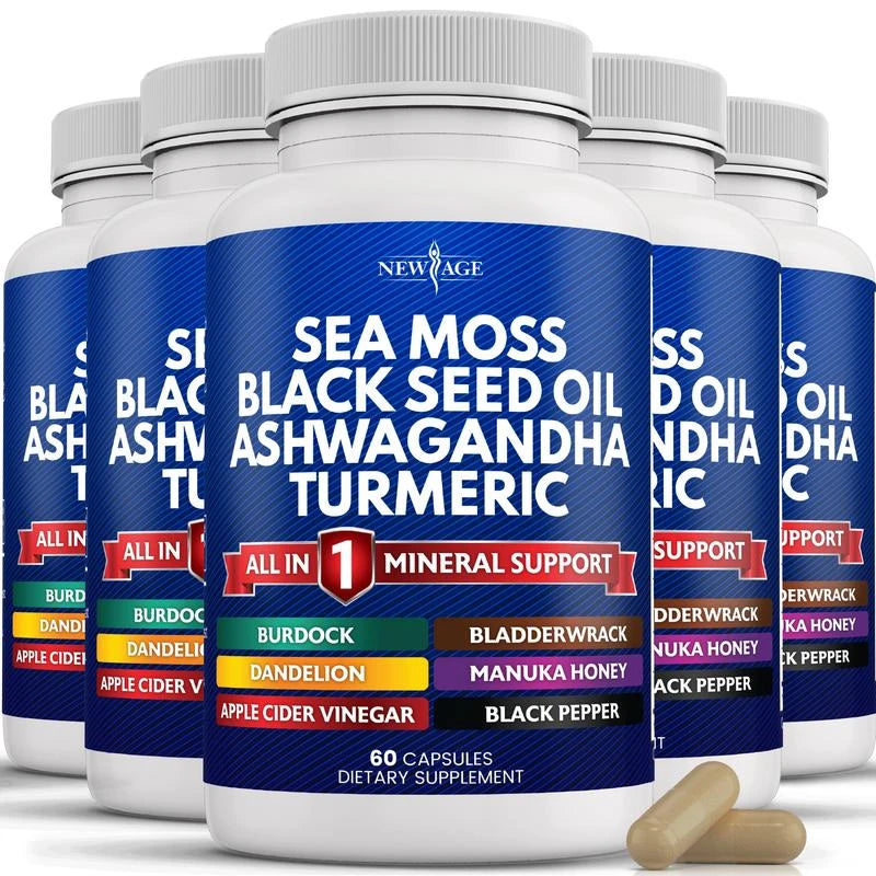 New Age Sea Moss 3000mg Black Seed Oil 2000mg Ashwagandha 1000mg Turmeric 1000mg Bladderwrack 1000mg Burdock 1000mg- with Manuka, Honey Dandelion, ACV Black Pepper Gluten Free Healthcare Supplement Dietary Edible - Size: 5 Bottles