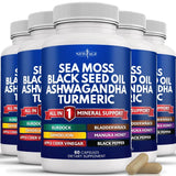 New Age Sea Moss 3000mg Black Seed Oil 2000mg Ashwagandha 1000mg Turmeric 1000mg Bladderwrack 1000mg Burdock 1000mg- with Manuka, Honey Dandelion, ACV Black Pepper Gluten Free Healthcare Supplement Dietary Edible - Size: 5 Bottles