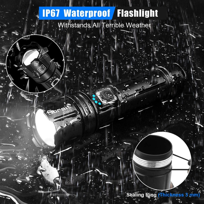 Goreit Flashlight High Lumens Rechargeable, 200000 Lumen Led Flashlights XHP70.2 USB Super Bright Flash Light Battery Powered, Powerful Handheld Flashlights for Emergencies Camping, IP67 Waterproof