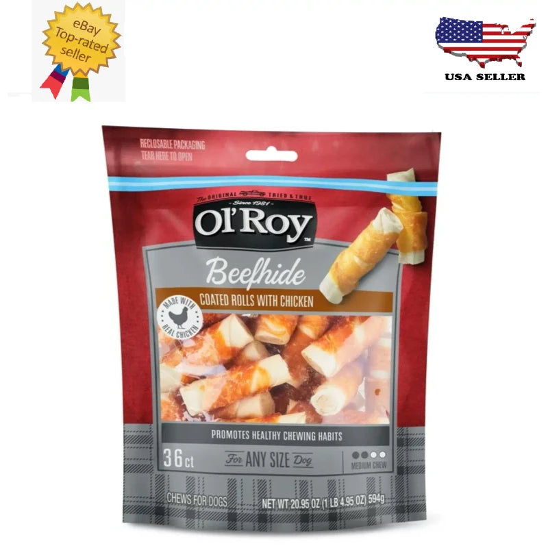 Ol' Roy Beefhide Coated Rolls with Chicken For Any Size Dogs, 20.95 oz, 36 Count