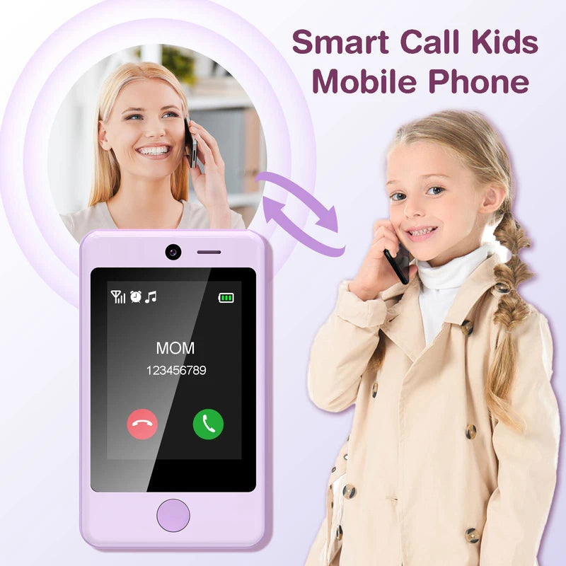 PTHTECHUS Kids SmartPhone, Kids Phone for Girls with Two-way Talk Game Music kids real phones, Touchscreen Learning Toys phones for 5-11 age pul