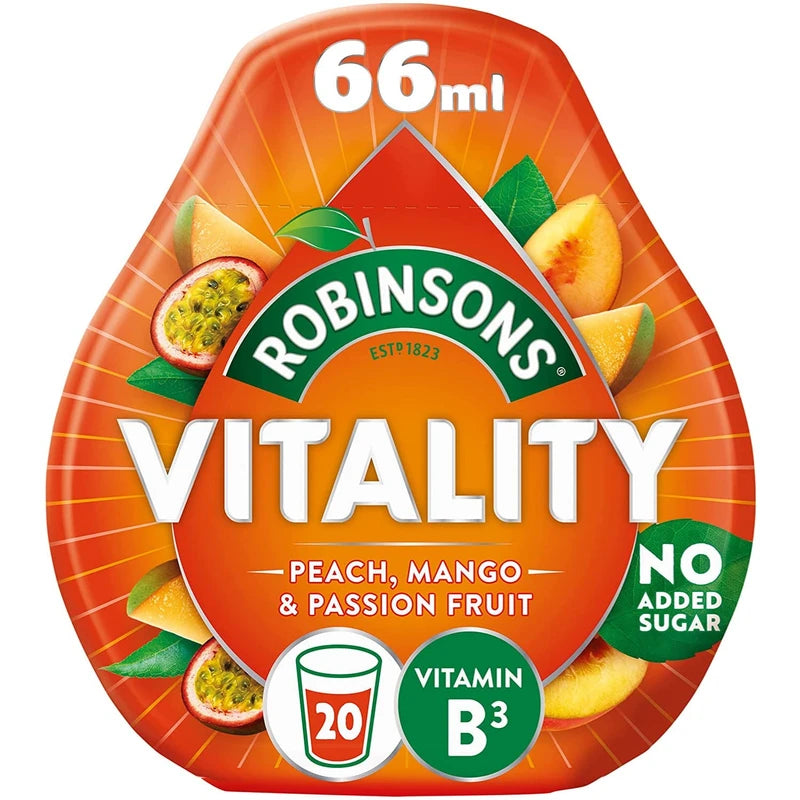 Robinsons Set of Different Flavours Squash Drinks (Raspberry, Strawberry & Acai with VitaminB6, Orange & Guava, Peach Mango & Passion Fruit , Lemon, Lime & Ginseng) 4 X 66ml