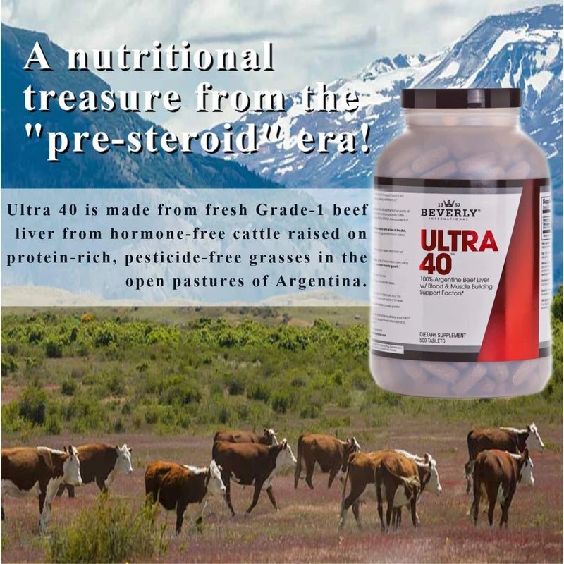 Beverly International Ultra 40 Grass Fed Desiccated Beef Liver, 500 Tab. Golden-era Secret for Boosting Muscle Growth, Stamina and Performance Naturally. Break through those sticking points-Endurance!