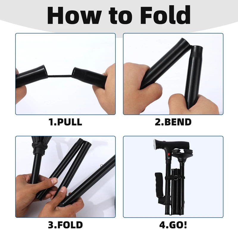 Folding Cane With Led Light And Alarm, With Side Handle, Folding, Adjustable Cane Suitable For Arthritis Disabled And Elderly, Cane With Cushioned T Handle And Swivel Four Pedestal, WalkingCanes,Black