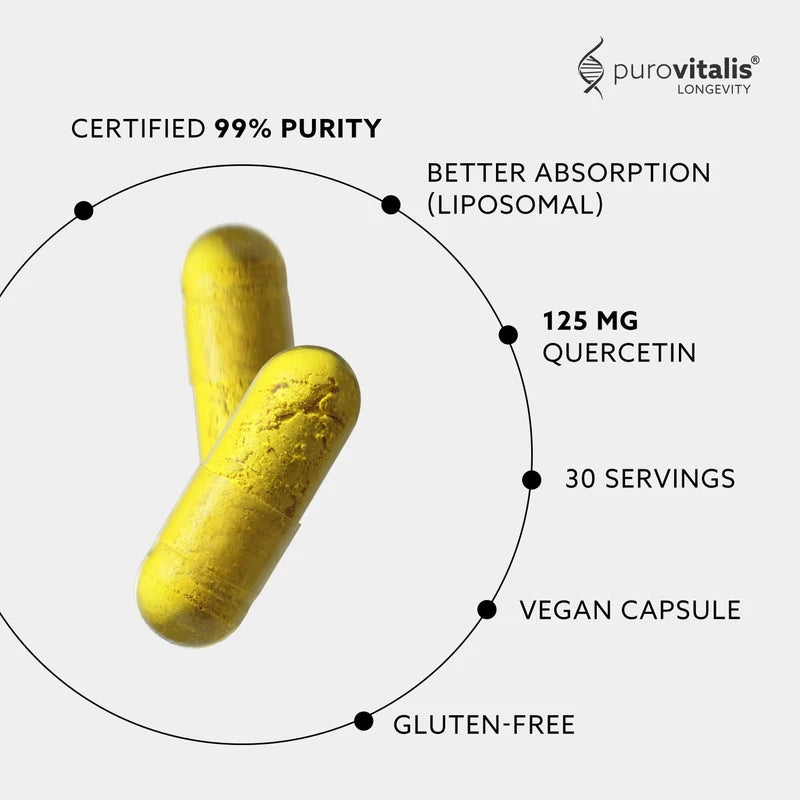 PUROVITALIS Liposomal Quercetin 125mg, 30 Servings (30 Vegan Capsules), High Purity Anti-ageing, Antioxidant Supplement