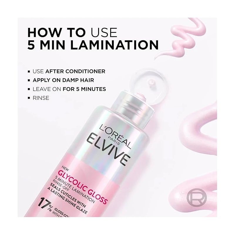 L'Oreal Paris Elvive Glycolic Gloss Lamination Rinse-Off Treatment, With Gloss Complex and Glycolic Acid, Fills and Seals Hair Fibres, For Long-lasting Smooth & Shiny Hair, Ideal for Dull Hair, 200ml