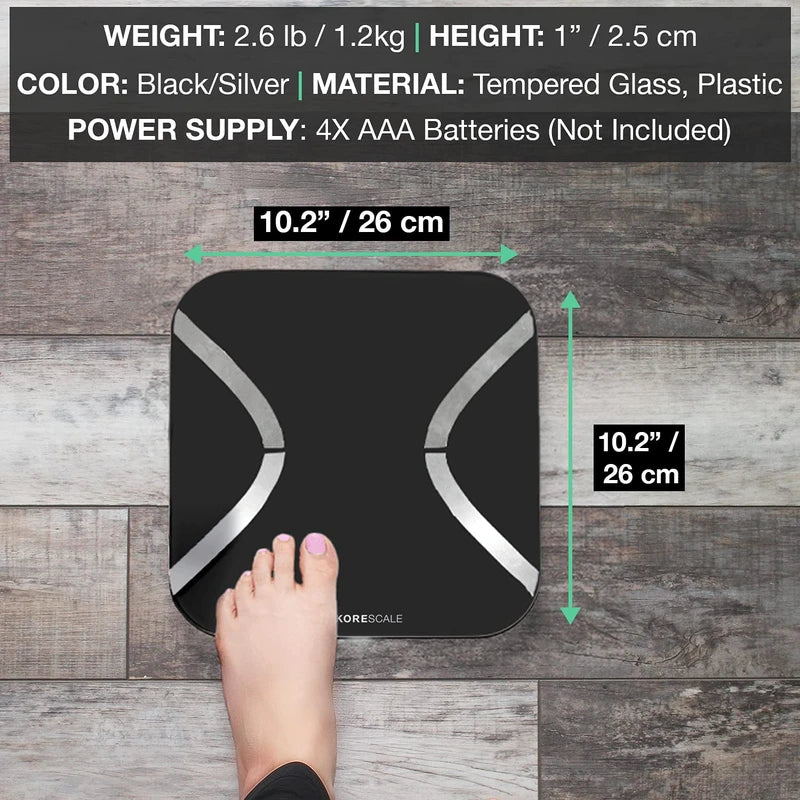 KOREHEALTH Korescale G2 - Smart Scale for Body Weight | Home Bathroom Scale Tracks BMI, Muscle Mass, Body Liquids and More | Weight Scale with Bluetooth App | Digital Scale with LED Display (Black)
