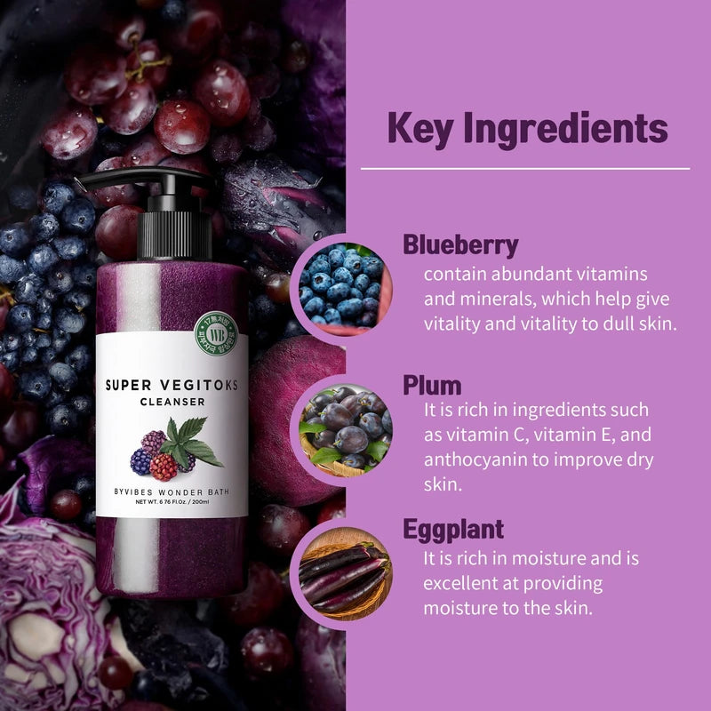 WONDER BATH Super Vegitoks Gel Foam Deep Cleanser for Sensitive Skin [Purple], 10.14Fl.Oz | Makeup Remover, Korean Skincare, Makeup & Dead Skin Removal, Hydrating & Brightening