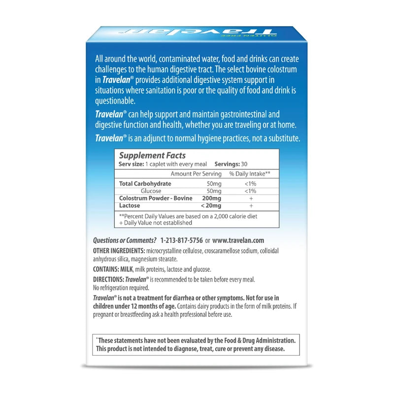 Travelan Anti Diarrhea Pills Help Prevent Traveler's Diarrhea Before It Starts, Clinically Proven, Travel Medicine, Drug-Free Colostrum, Natural Digestive and Immune Support Supplement, 30 Count