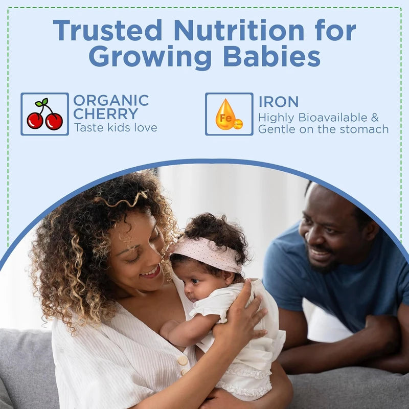 Wellements Organic Iron Drops for Babies & Toddlers (1 fl oz) | Cherry Flavor Liquid Iron Supplement | For Infants 4+ Months to 3 Years | Supports Growth & Development