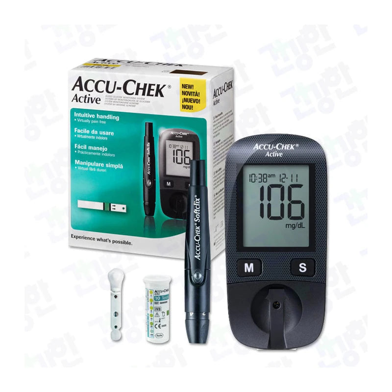 Accu-Chek Active Blood Glucose Meter (main product + 10 needles + lancing device + pouch), set / 아큐첵 액티브 혈당계 (본품+침10개+채혈기+파우치), 세트
