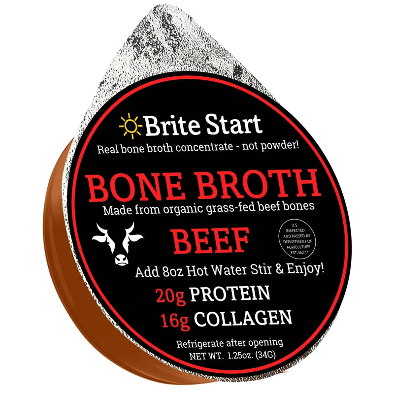 Brite Start Bone Broth - Beef Bone Broth - 12 Count - Keto Friendly Concentrate Packed with 16g Collagen, 20g Paleo Protein -Made from Organic Grass Fed Beef Bones- Single Serve Packets