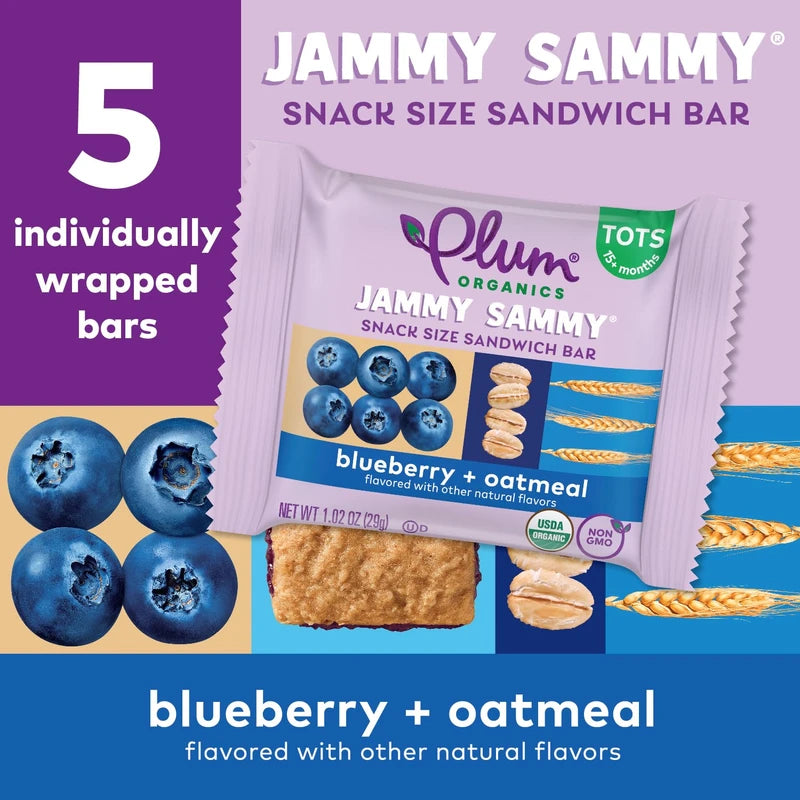 Plum Organics | Jammy Sammy Snack Bars | Organic Toddler & Kids Snacks | Blueberry & Oatmeal | 1.2 Ounce Bar (30 Total) | New Look, Packaging May Vary
