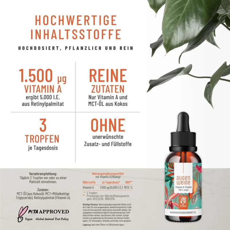 Vitamin A Drops High Dose – Introductory Price – 5000 IU (1500 μg) per Daily Dose – Vegan – Vitamin A Liquid – Made in Germany – Retinol Natural Feast for Eyes, 1700 Drops, 50 ml