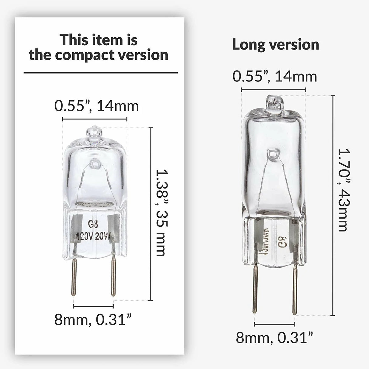 G8 Light Bulbs 20Watt 120Volt Halogen Light Bulb G8 Base Bi-Pin Shorter 1-3/8" (1.38") Length 20W T4 JCD Warm White Under Cabinet Puck Lighting Replacements,10Pack