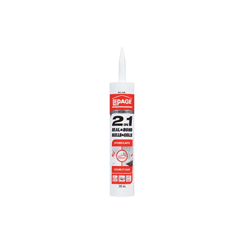 Lepage 2in1 Seal & Bond Sealant - Indoor Caulking for Kitchen, Bathroom Sink & Shower, Flexible & Water Resistant - 295 ml Cartridge, White, 1 Pack