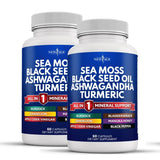New Age Sea Moss 3000mg Black Seed Oil 2000mg Ashwagandha 1000mg Turmeric 1000mg Bladderwrack 1000mg Burdock 1000mg- with Manuka, Honey Dandelion, ACV Black Pepper Gluten Free Healthcare Supplement Dietary Edible - Size: 5 Bottles