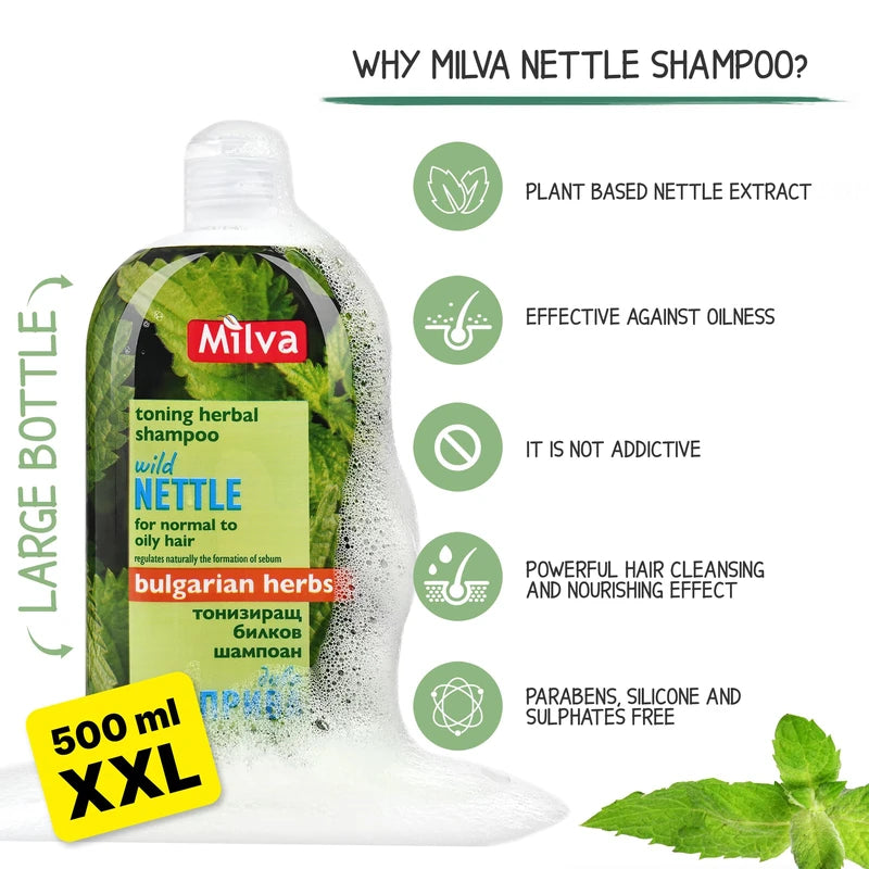 Milva Nettle Shampoo for Oily Hair - 500 ml Natural Hair Cleaning Shampoo - Oil Reducing Shampoo & Dandruff Control Shampoo - Oily Hair Medium - Volume Shampoo