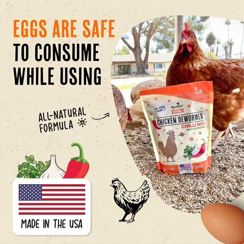 Roosty's Naturals Chicken De-Wormer Powder - Chili Mix | 1LB Pouch | All-Natural Formula | US-Made Chicken Wormer, Poultry De-Wormer | Chicken Medicine Supplies to Relieve and Safeguard from Worms