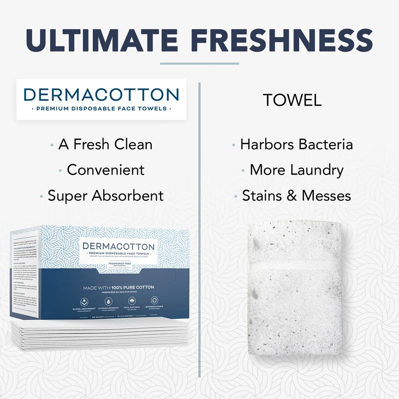 Dermacotton Value Pack [80 Disposable Cotton Towels], 10x8 inches, 100% Biodegradable Face Towels – Super Soft Face Wipes, Hypoallergenic Makeup Remover Wipes. Sensitive Skin, Facial Cloths