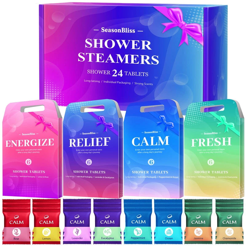 SeasonBliss Shower Steamers 24 Pack, Shower Tablets, Shower Steamers with Natural Ingredients, 8 Different Scents, Individually Wrapped Shower Steamers, Presents for Mom, Friends
