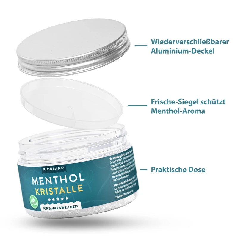 FJORLAND® - Menthol Crystals 100g - Premium Quality for Sauna - Crystals Made of Menthol - Sauna Infusions - In Resealable Tin - 100% Natural Ingredients