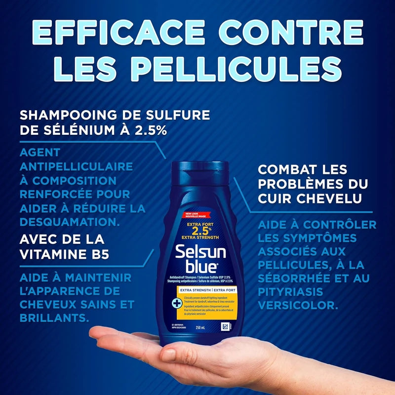 Selsun Blue Anti-Dandruff Shampoo, 250mL, Dandruff Treatment with 2.5% Extra Strength Selenium Sulfide and Pro-Vitamin B5