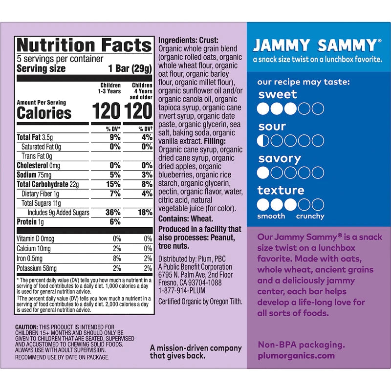Plum Organics | Jammy Sammy Snack Bars | Organic Toddler & Kids Snacks | Blueberry & Oatmeal | 1.2 Ounce Bar (30 Total) | New Look, Packaging May Vary