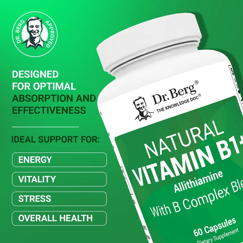 Dr. Berg Nutritionals Dr. Berg Natural Vitamin B1 B6 B12 Complex - Allithiamine Vitamin B1 Supplement with 8 Essential Vitamin B Complex for Men & Women Including Thiamin, Niacin, Folate, Magnesium & More - 60 Capsules