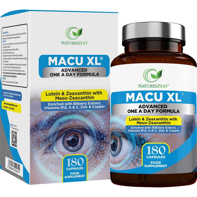 Macu XL - Lutein and Zeaxanthin Supplement - 6 Month Supply with Meso Zeaxanthin, Bilberry Extract, Vitamins A, B12 & Zinc, 180 Vegan Capsules - Eye Supplement for Vision Health – Packaging May Vary