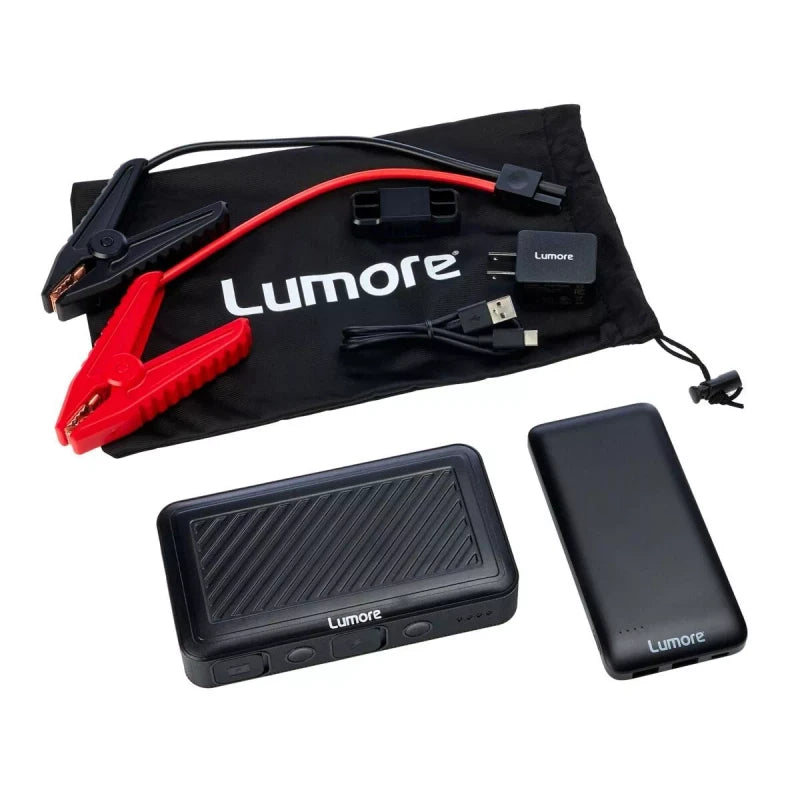 Lumore Pro Jump Starter Kit w/AC Plug & Power Bank w/Cables & Bag-Silver-NEW