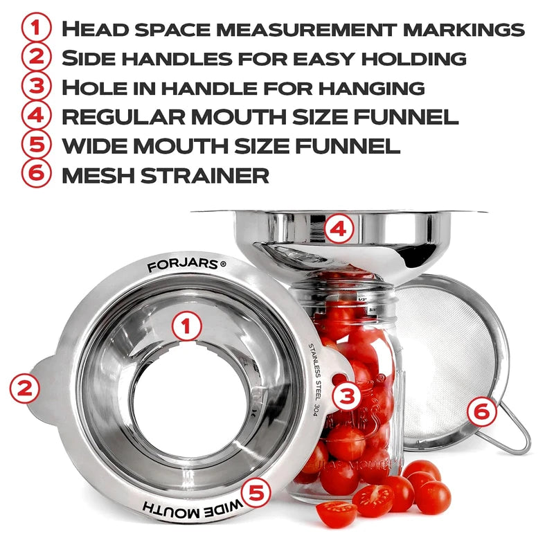 Forjars Canning Funnel Set - with Strainer for Wide and Regular Mason Jars and Food Funnels for Transferring Oils - Durable, Small, Stainless Steel Kitchen Funnel Set - Canning Supplies Kit