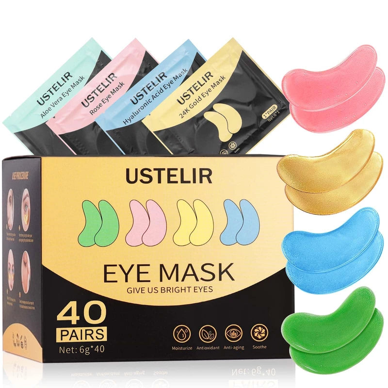 USTELIR Under Eye Patches, 40 Pairs Eye Mask for Dark Circles, Puffy Eyes, Undereye Bags,Wrinkles,Eye Mask Patches with 24K Gold, Hyaluronic Acid,Rose & Aloe Vera, Eye Treatment Skin Care for Men & Women Gift