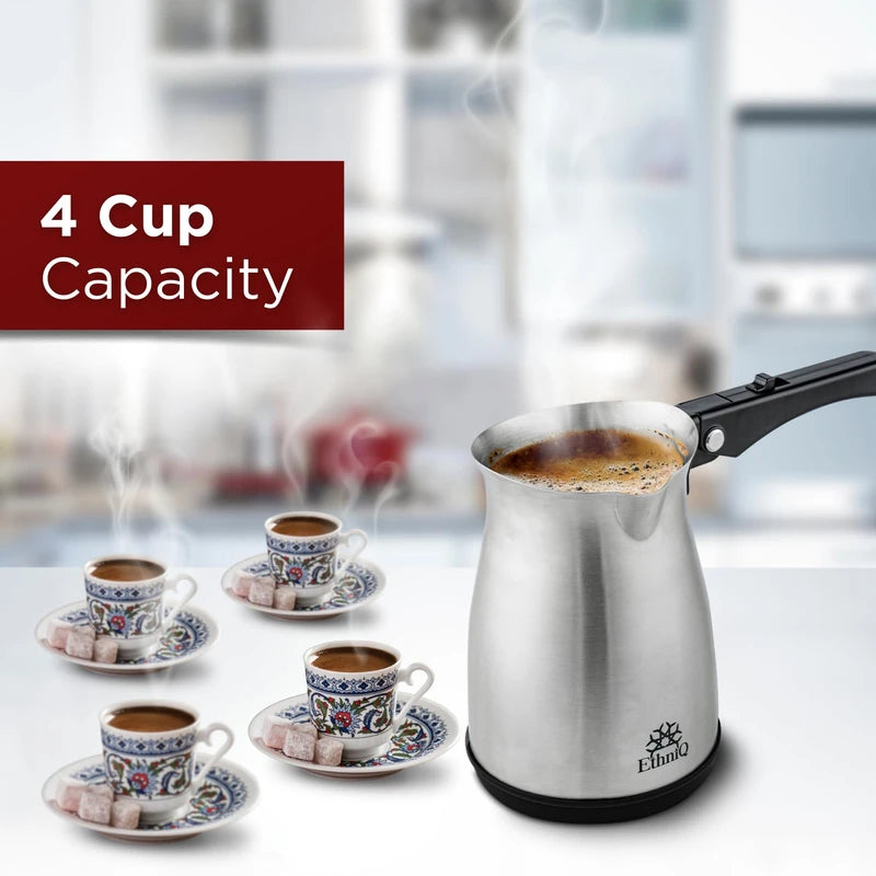 ETHNIQ Turkish Coffee Pot - Stainless Steel, 120V, 1 to 4 Cup Capacity, Fast Brewing, Delicious Cup of Turkish, Arabic & Greek Coffee Maker with Foldable Handle for Home & Travel & on-off Button