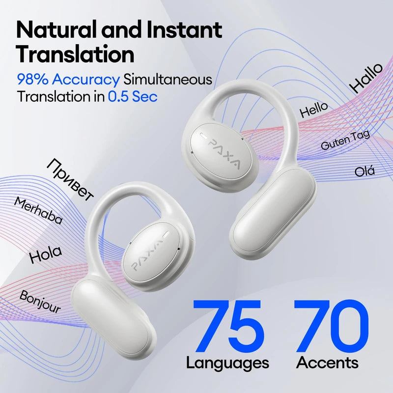 PAXA AI Translation Earbuds Real Time 3-in-1 Language Translator Earbuds 145 Languages & Accents Bluetooth 5.4 Translation Translating HD Sound Audifonos Traductores Inglés Español, OpenAir5 White
