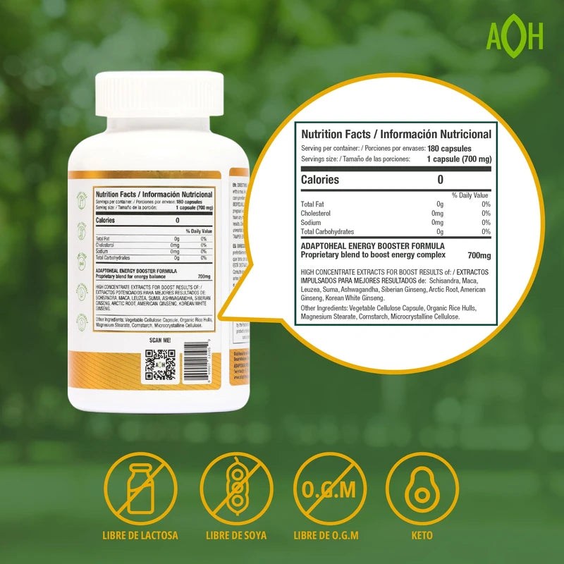 ADAPTOHEAL Adaptoheal Energy Supplement Caffeine Free - Adoptogen Blend with Ashwagandha, Rhodiola Rosea, Maca, Leuzea, Gingseng - Increases Energy, Natural Stress Relief, Focus and Vitality (180 Capsules)