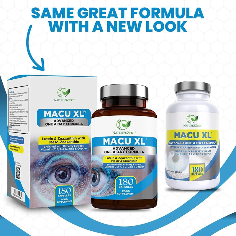Macu XL - Lutein and Zeaxanthin Supplement - 6 Month Supply with Meso Zeaxanthin, Bilberry Extract, Vitamins A, B12 & Zinc, 180 Vegan Capsules - Eye Supplement for Vision Health – Packaging May Vary