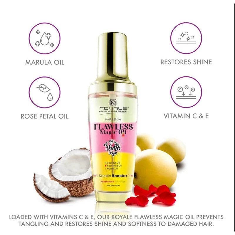 Royale Flawless Magic Oil Hair Serum | Coconut Oil, Rose Petal Oil, & Marula Oil Haircare Smooth Daily Moisture Hydrate Nourishing Moisturizer