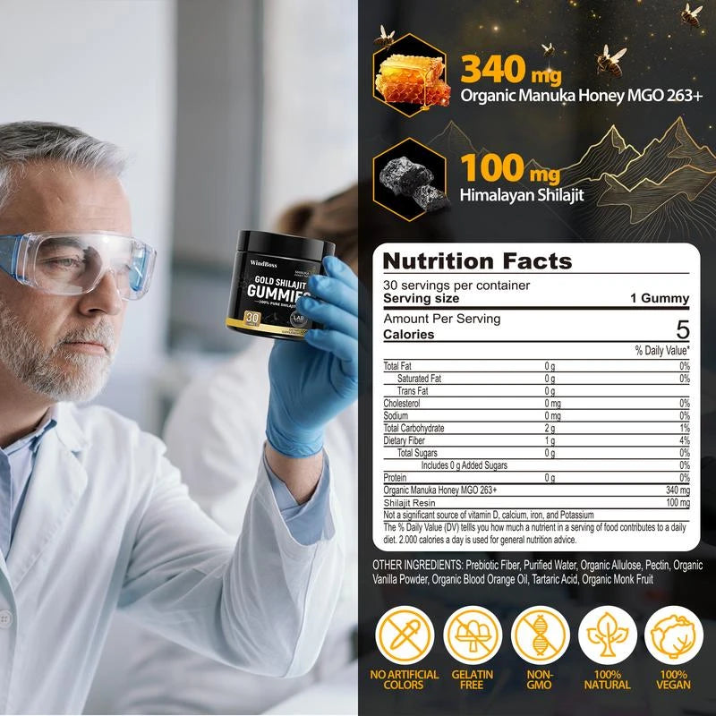 Organic SHILAJIT Gummies | Organic Pomegrenate Oil Flavor | Cane Sugar Free, Sweetened by Organic Manuka Honey | Clean Formula | Heart & Brain, Cellular Health 30 Healthy Gummies