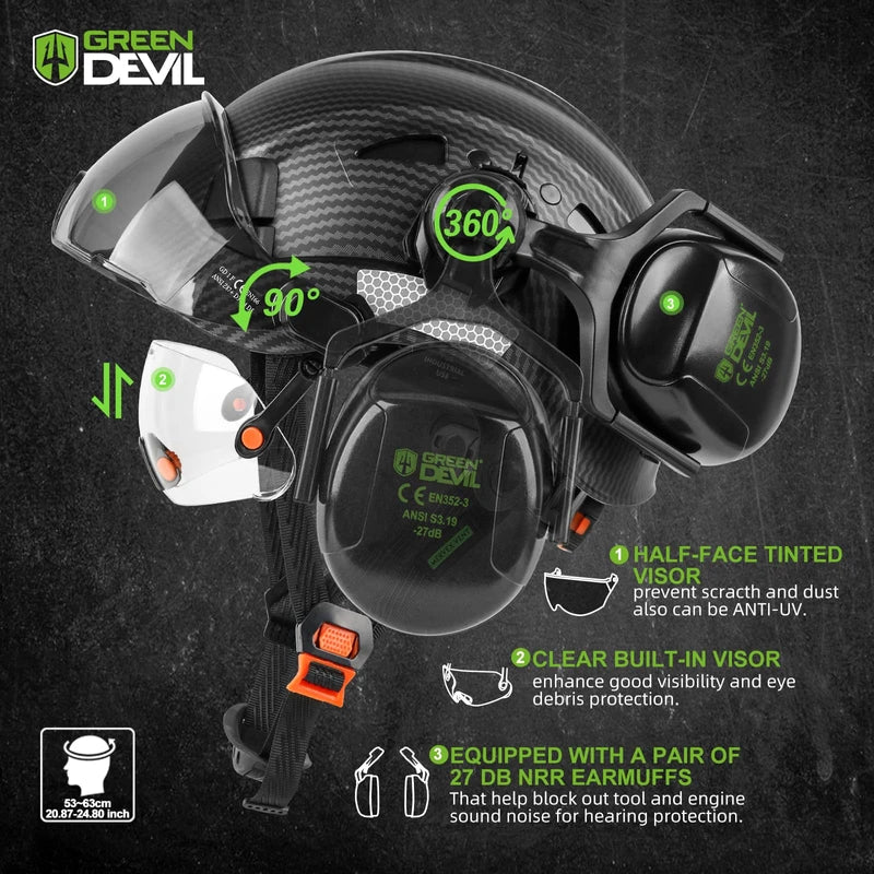 GREEN DEVIL Hard Hat Safety Helmet with Visor and Ear Muffs Men Women Vented Work Hardhat ANSI Z89.1 Cascos De Construccion for Industrial Construction Forestry