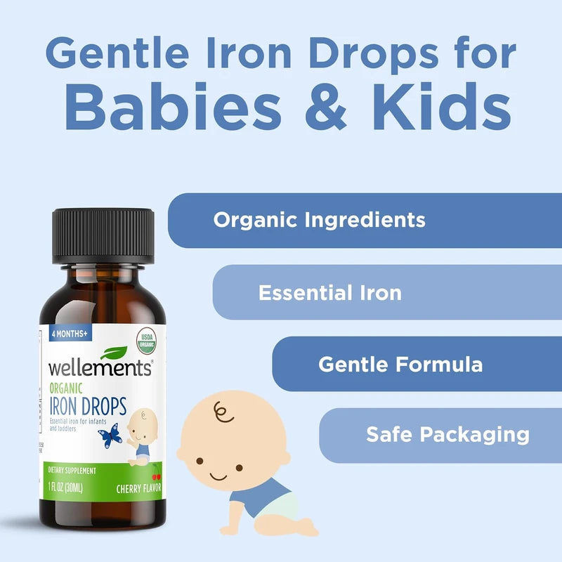 Wellements Organic Iron Drops for Babies & Toddlers (1 fl oz) | Cherry Flavor Liquid Iron Supplement | For Infants 4+ Months to 3 Years | Supports Growth & Development